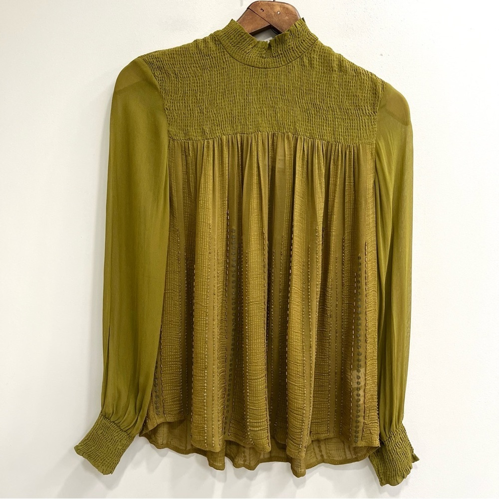 Anthropologie Blank London green beaded sequined mock neck blouse smocked XS